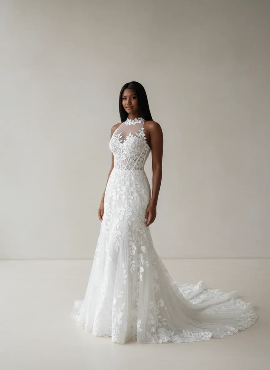 Corset dress with Chapel Train and Illusion neckline