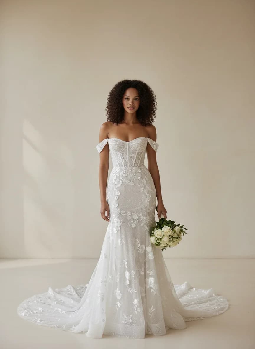 Corset dress with Chapel Train and Off Shoulder neckline