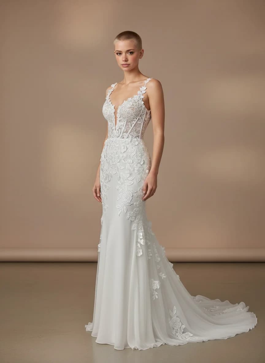 Corset dress with Chapel Train and Plunge neckline