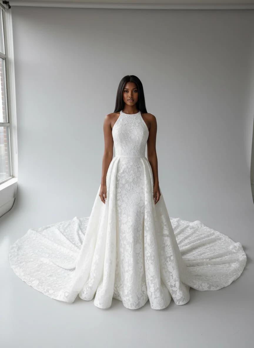 Drop Waist dress with Cathedral Train and Halter neckline