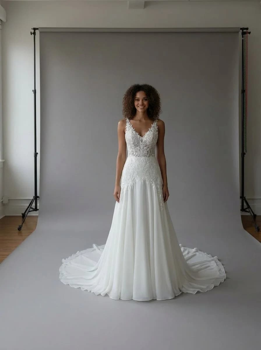 Drop Waist dress with Cathedral Train and High Neckline neckline