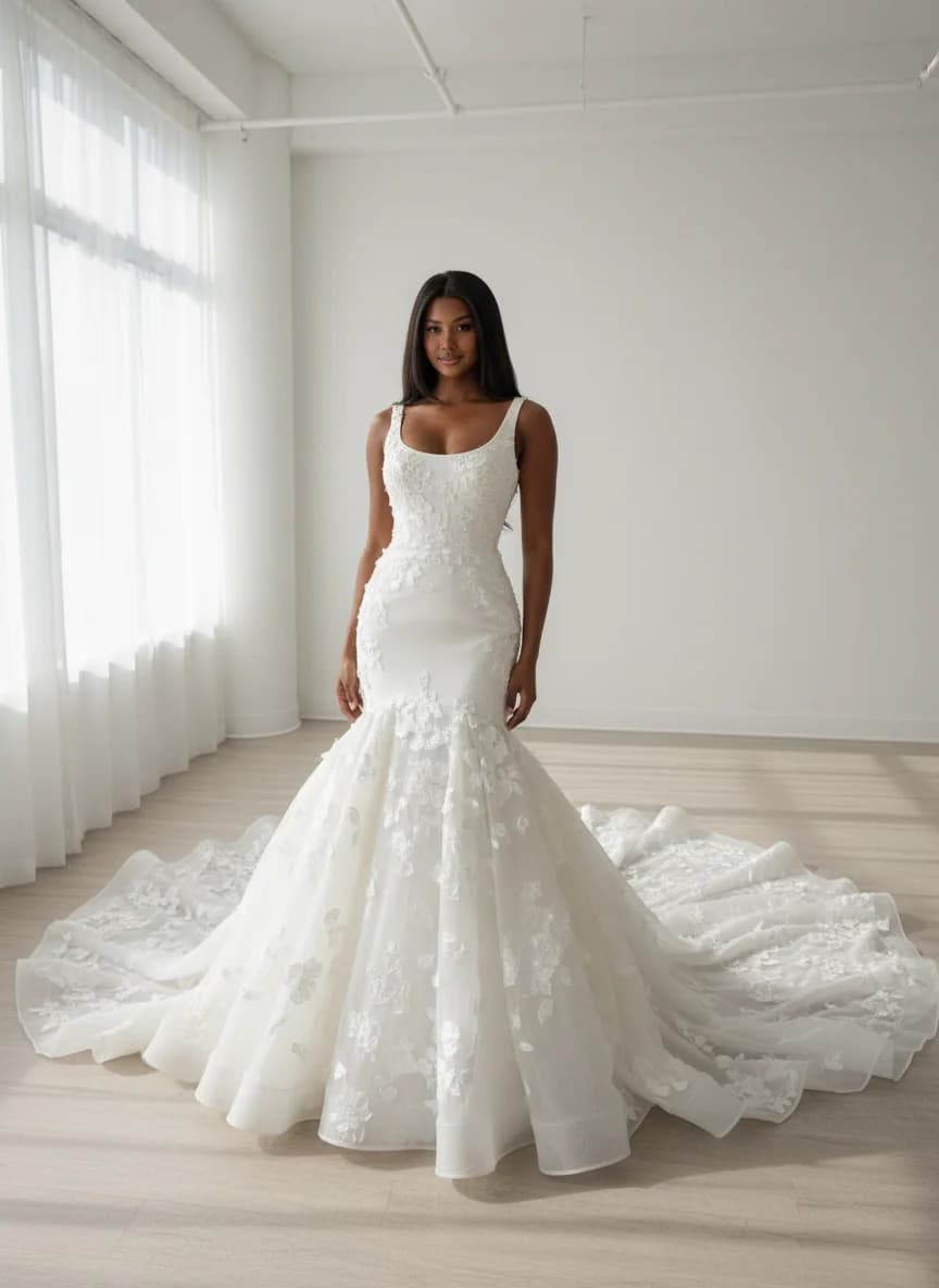 Drop Waist dress with Cathedral Train and Scoop neckline