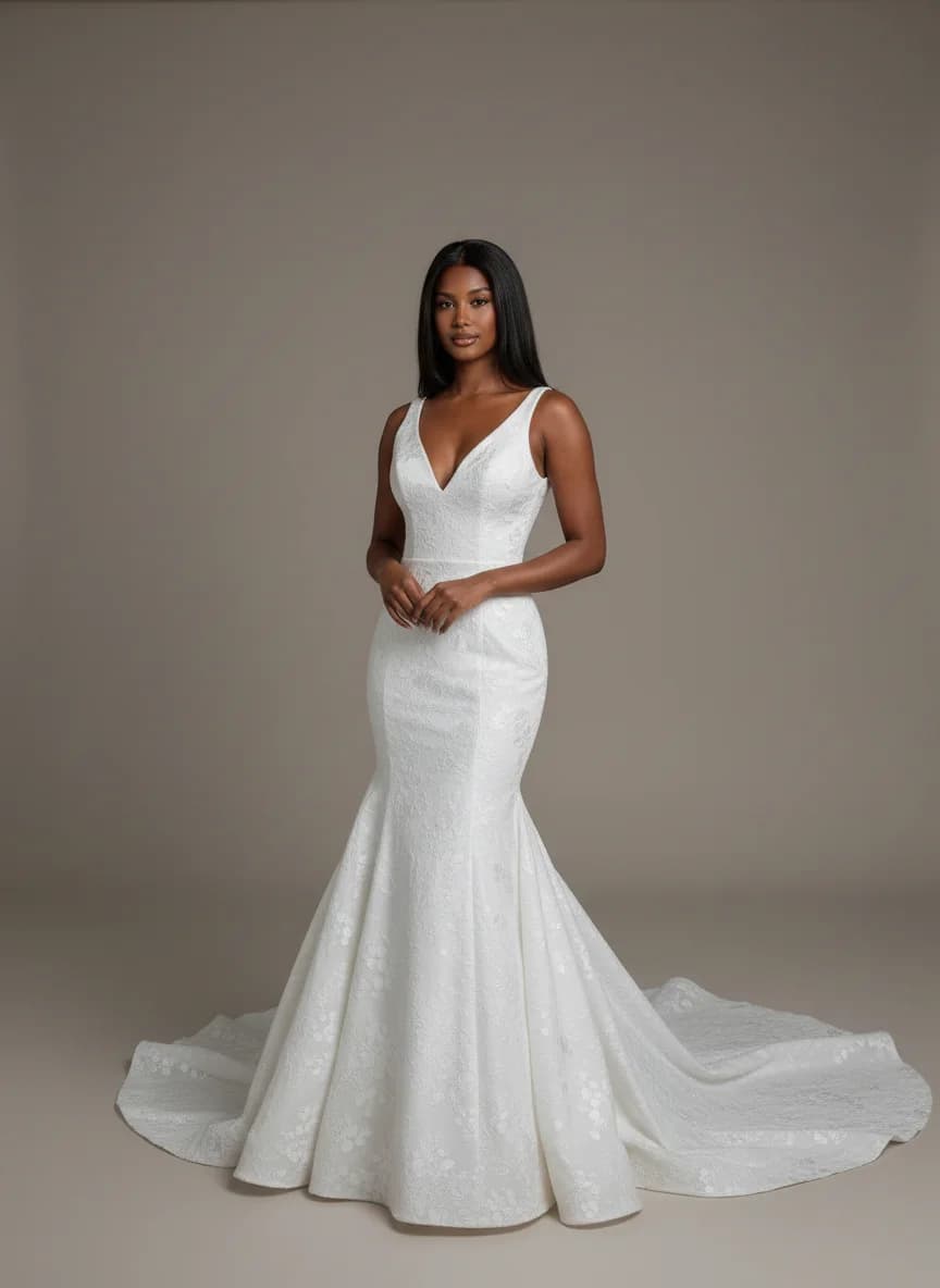 Drop Waist dress with Chapel Train and V-Neck neckline