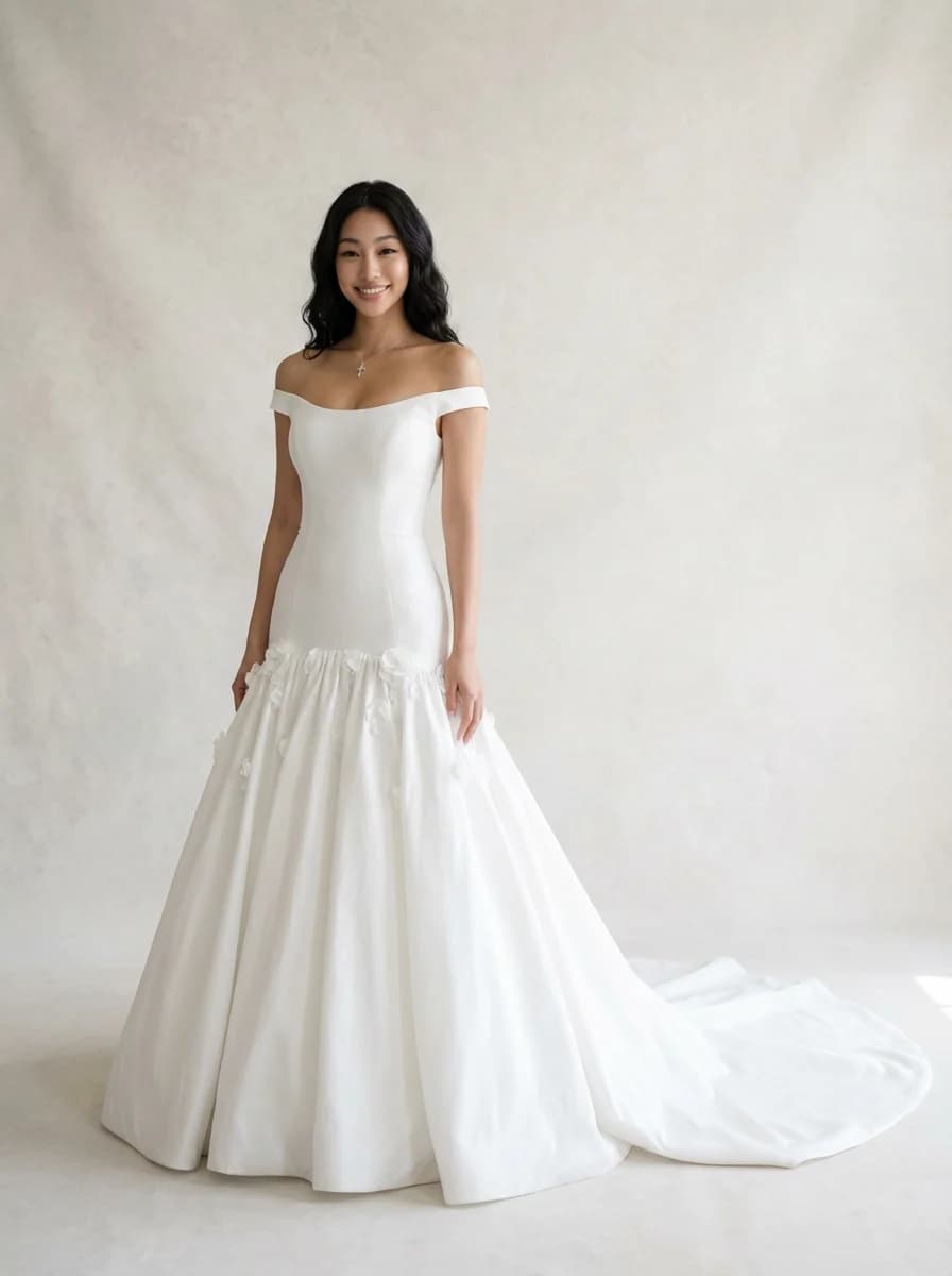 Drop Waist dress with Chapel Train and Off Shoulder neckline