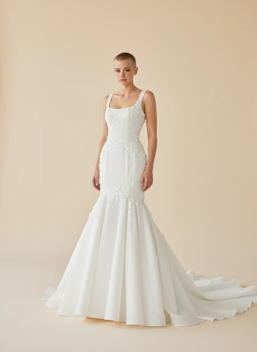 Drop Waist dress with Chapel Train and Square neckline