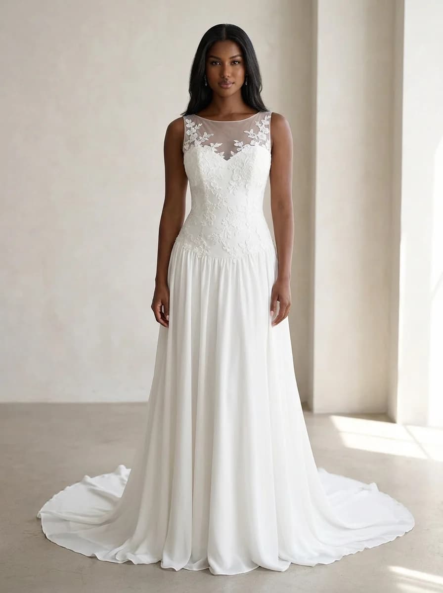 Drop Waist dress with Sweep Train and Illusion neckline