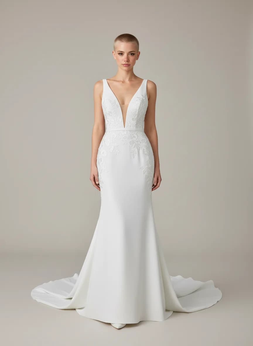 Drop Waist dress with Sweep Train and Plunge neckline