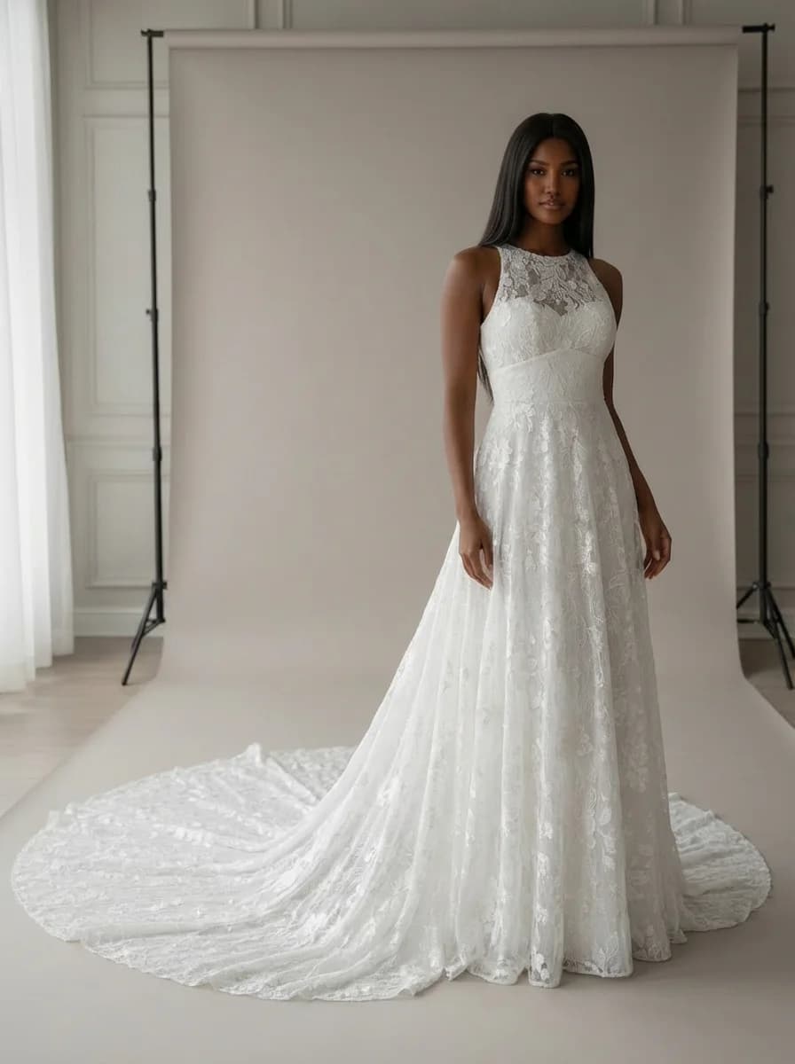 Empire Waist dress with Cathedral Train and High Neckline neckline