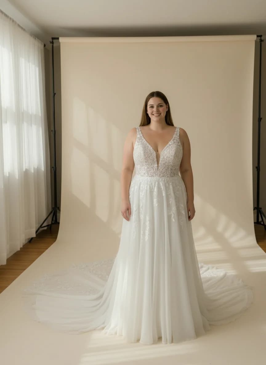 Empire Waist dress with Cathedral Train and Plunge neckline