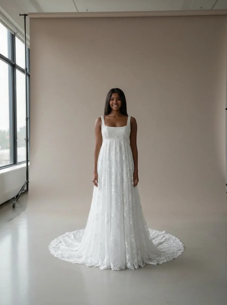 Empire Waist dress with Cathedral Train and Square neckline