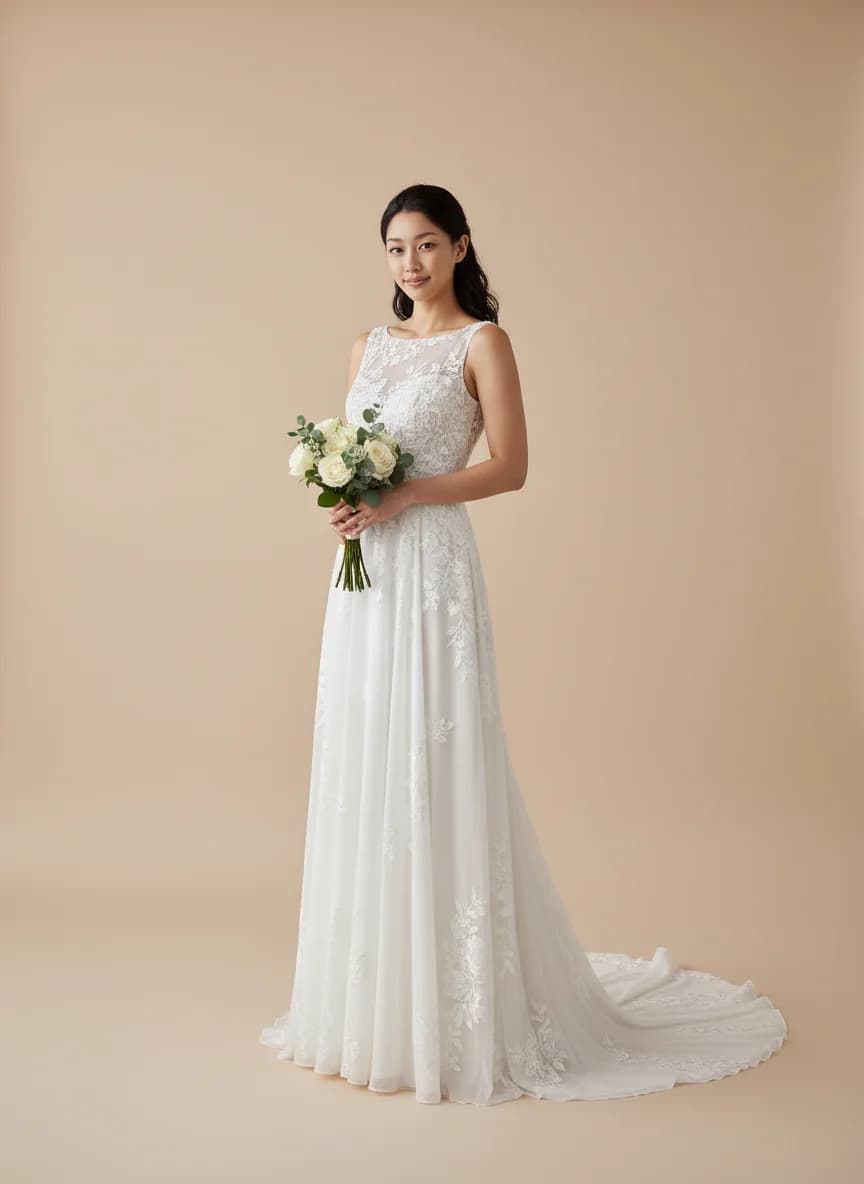 Empire Waist dress with Chapel Train and Boat Neck neckline