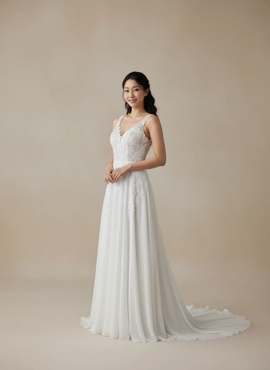 Empire Waist dress with Chapel Train and V-Neck neckline