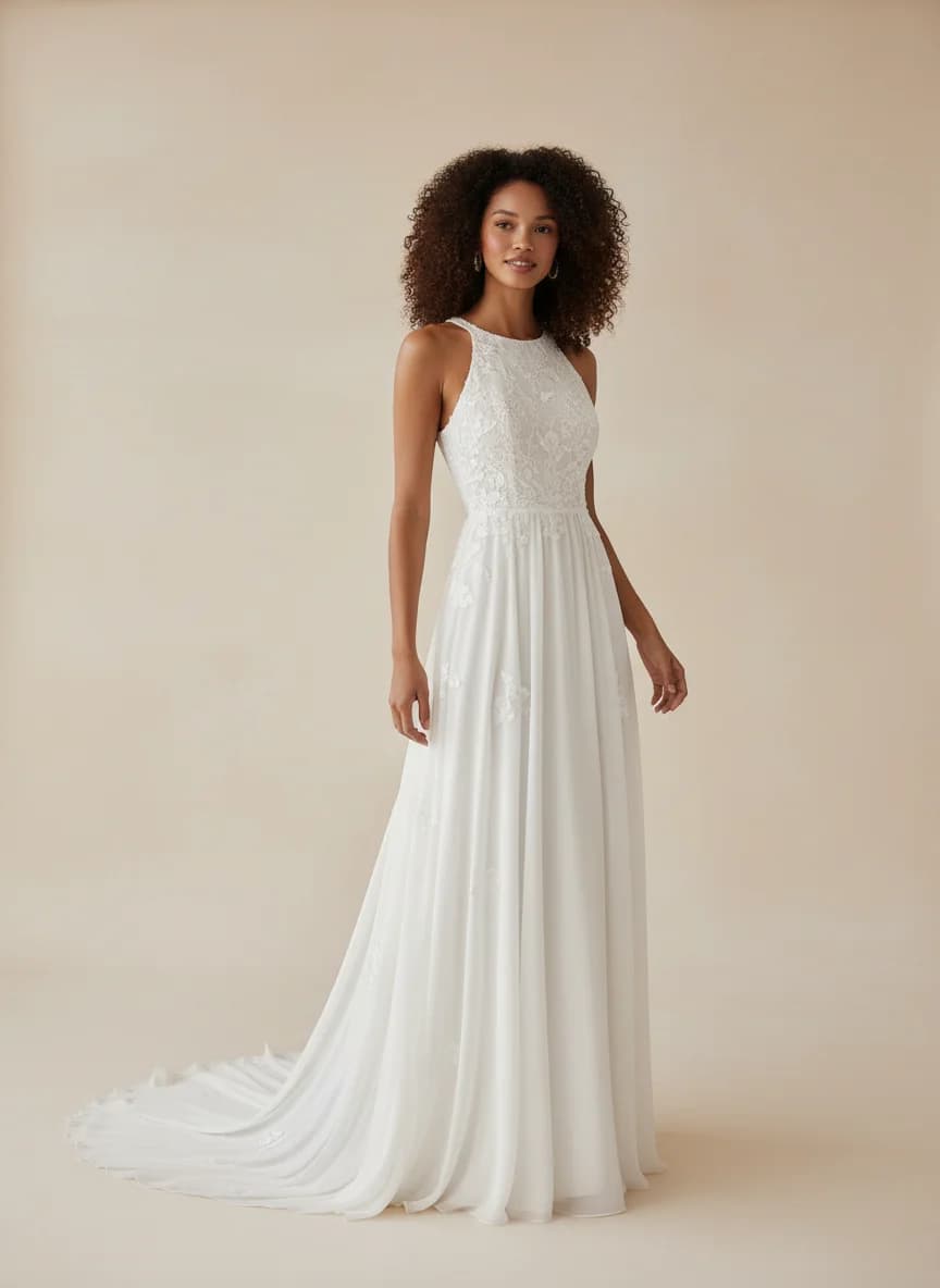 Empire Waist dress with Chapel Train and High Neckline neckline