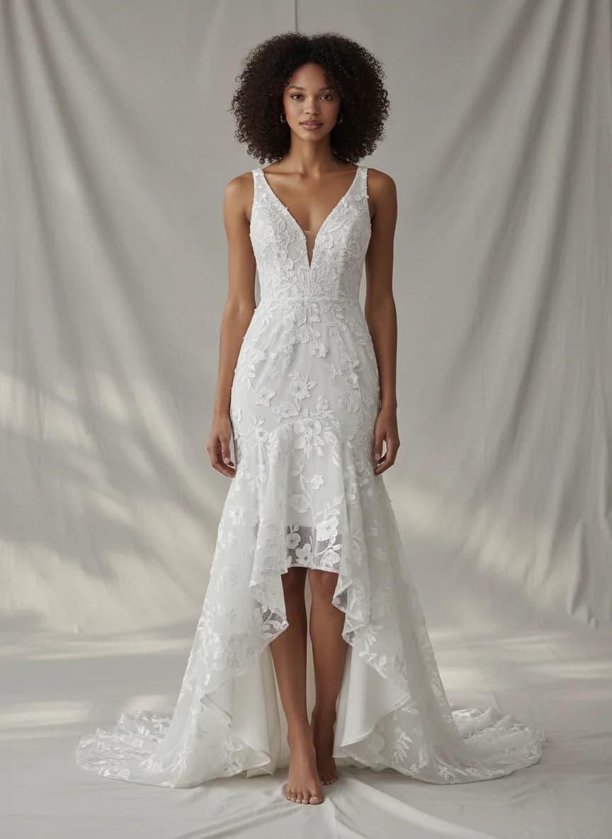 Empire Waist dress with High-Low and V-Neck neckline