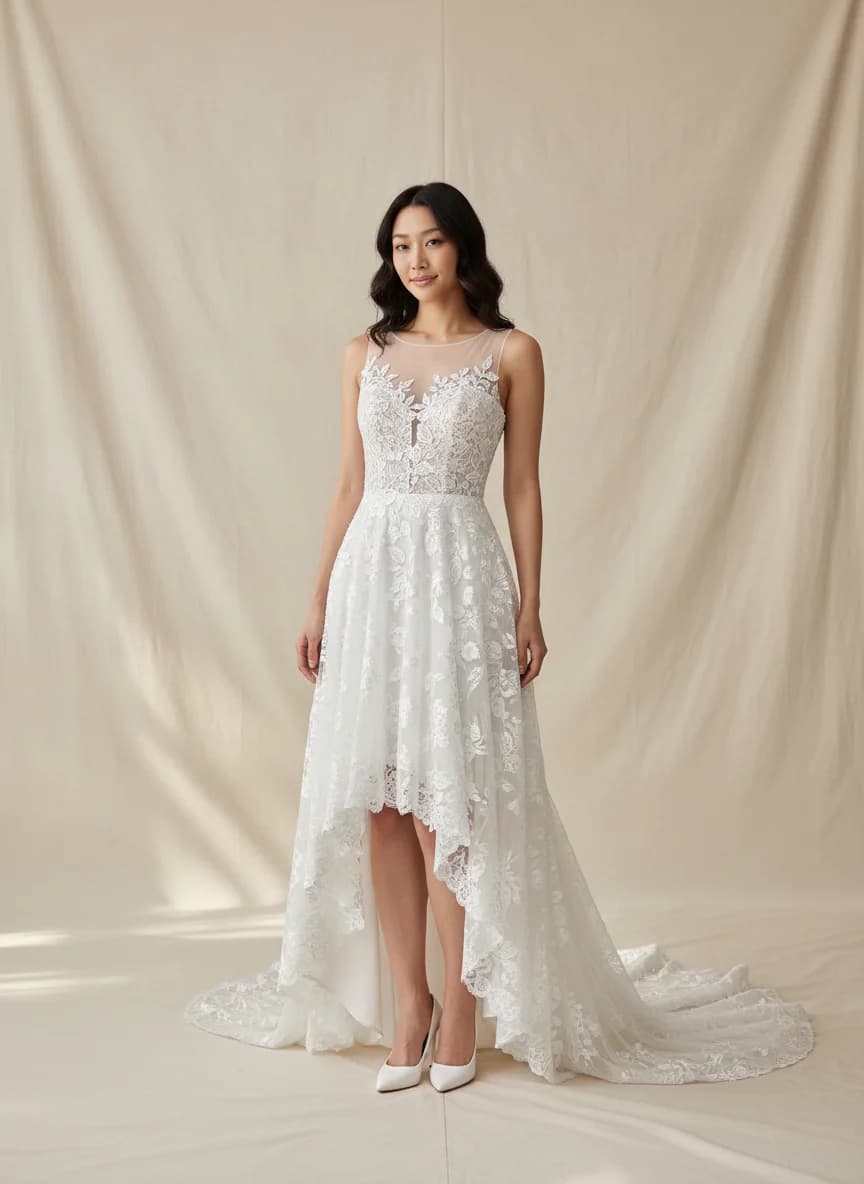 Empire Waist dress with High-Low and Illusion neckline