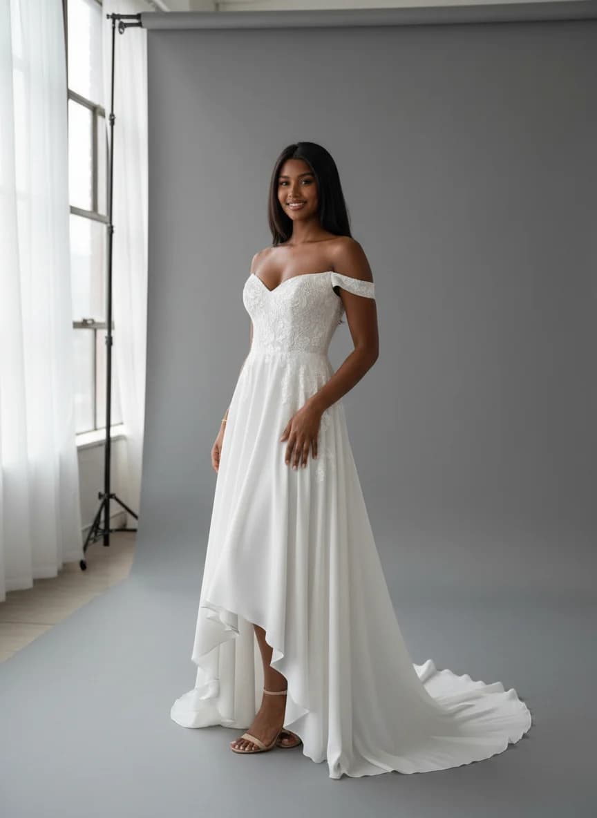 Empire Waist dress with High-Low and Off Shoulder neckline