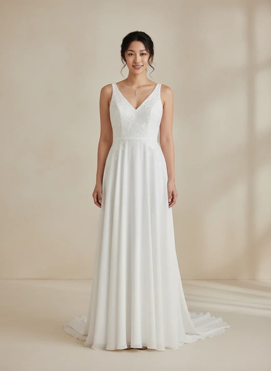 Empire Waist dress with Sweep Train and V-Neck neckline