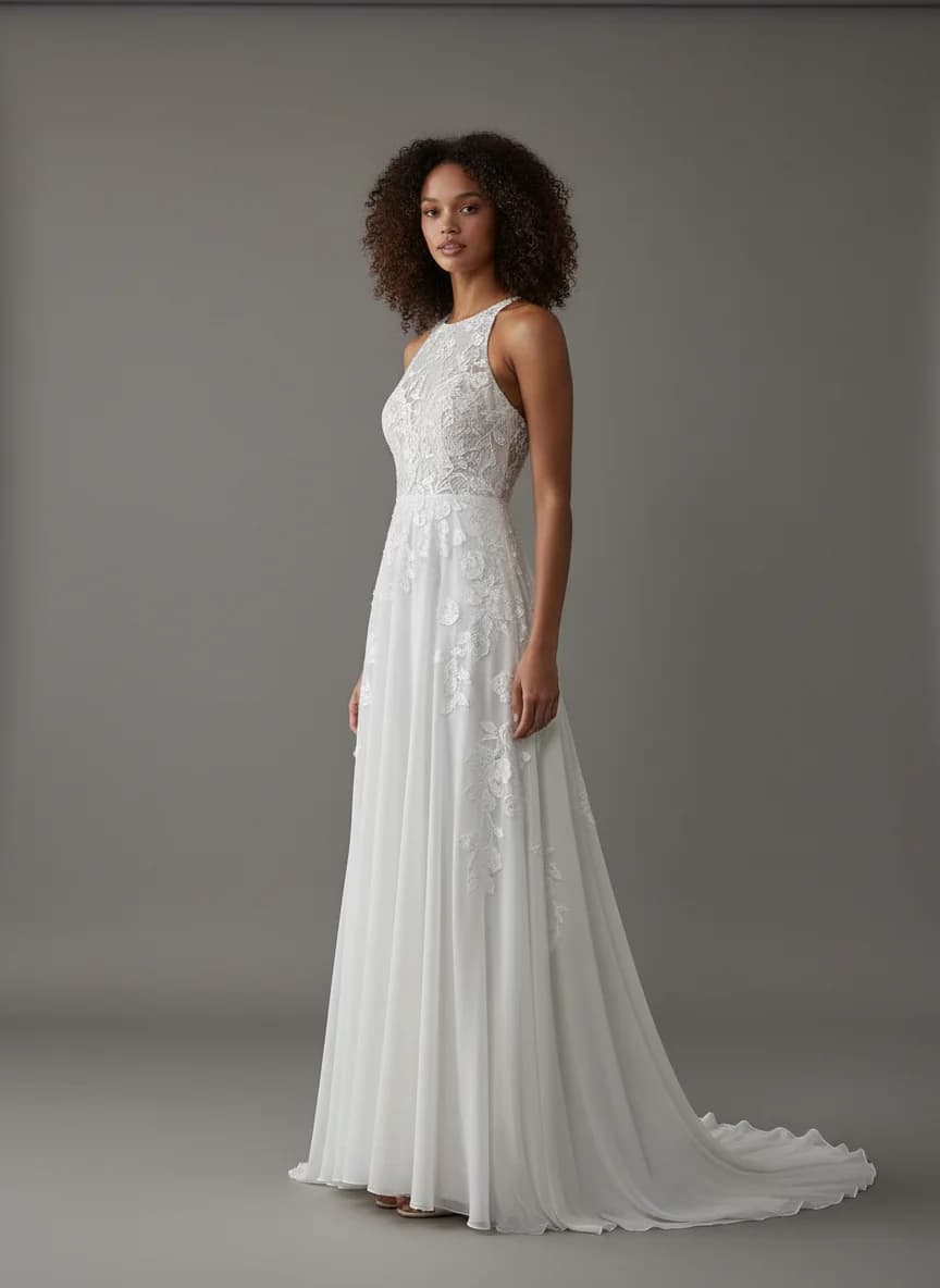 Empire Waist dress with Sweep Train and High Neckline neckline