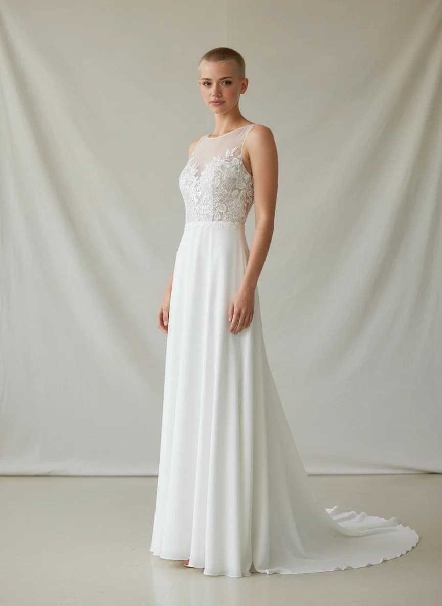 Empire Waist dress with Sweep Train and Illusion neckline