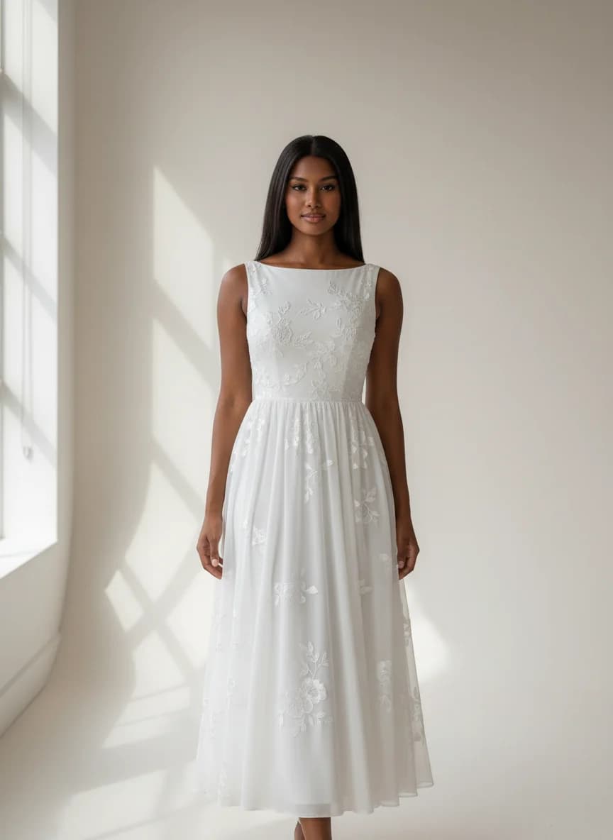 Empire Waist dress with Tea Length and Boat Neck neckline