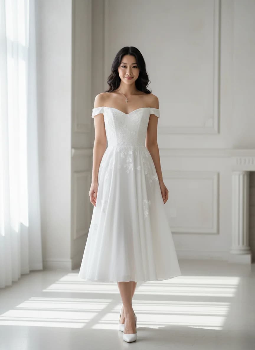 Empire Waist dress with Tea Length and Off Shoulder neckline