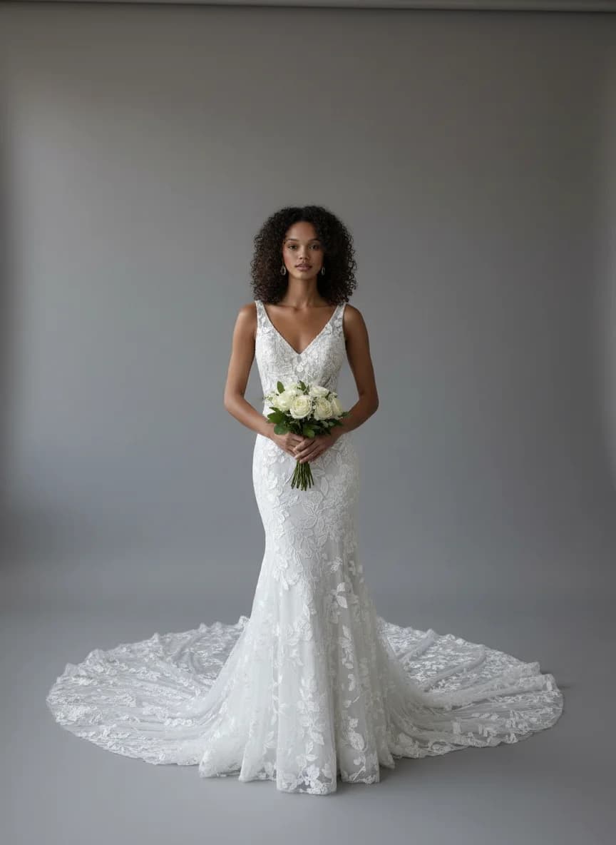 Fit & Flare dress with Cathedral Train and V-Neck neckline