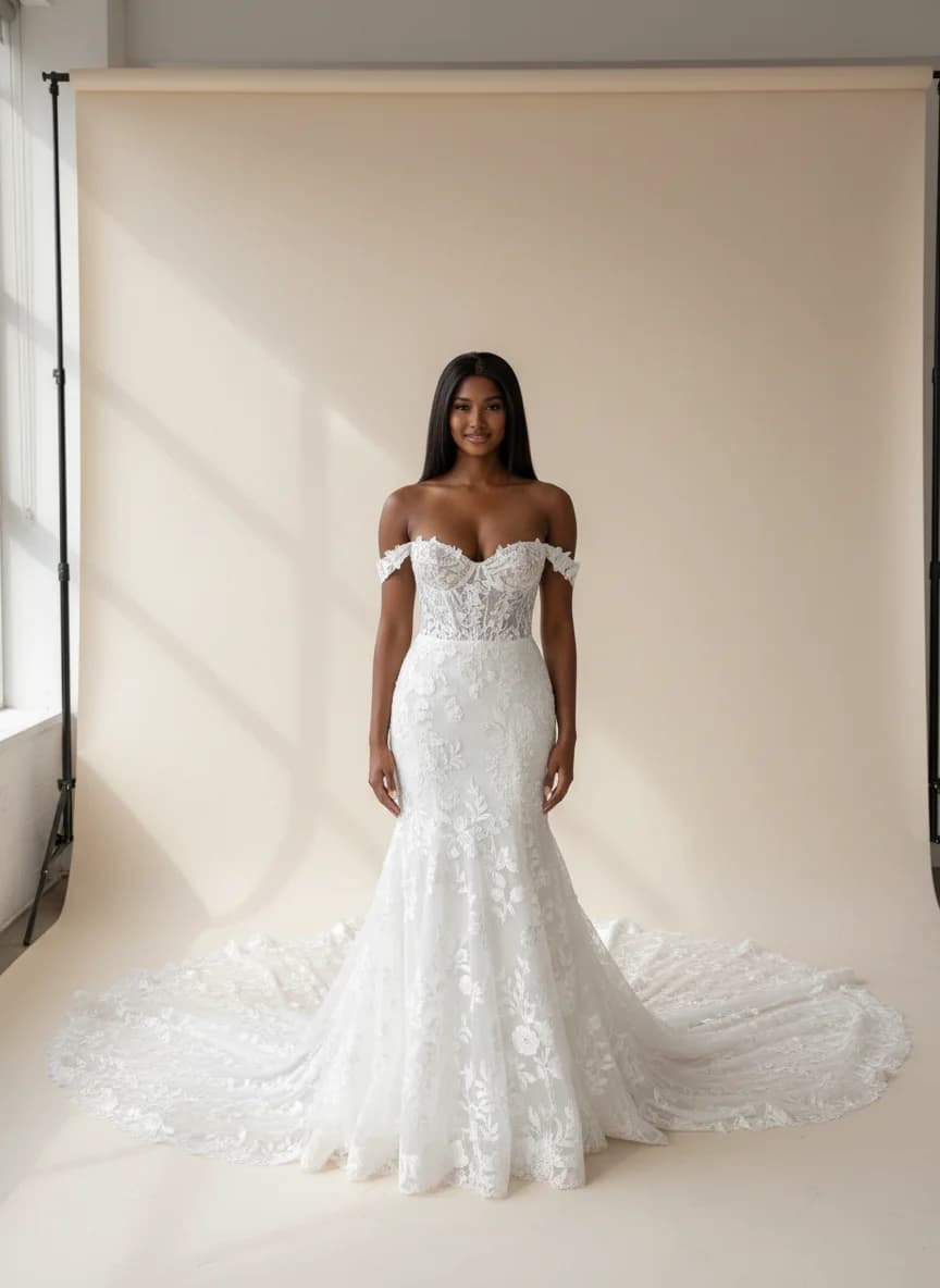 Fit & Flare dress with Cathedral Train and Off Shoulder neckline