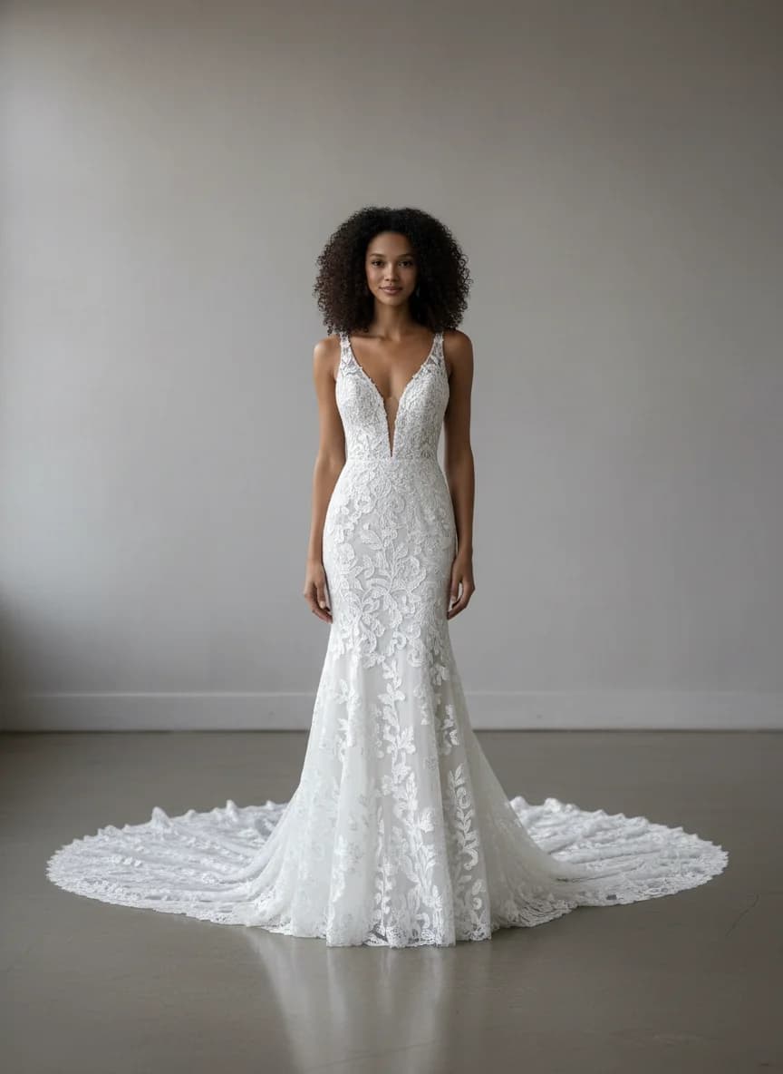 Fit & Flare dress with Cathedral Train and Plunge neckline