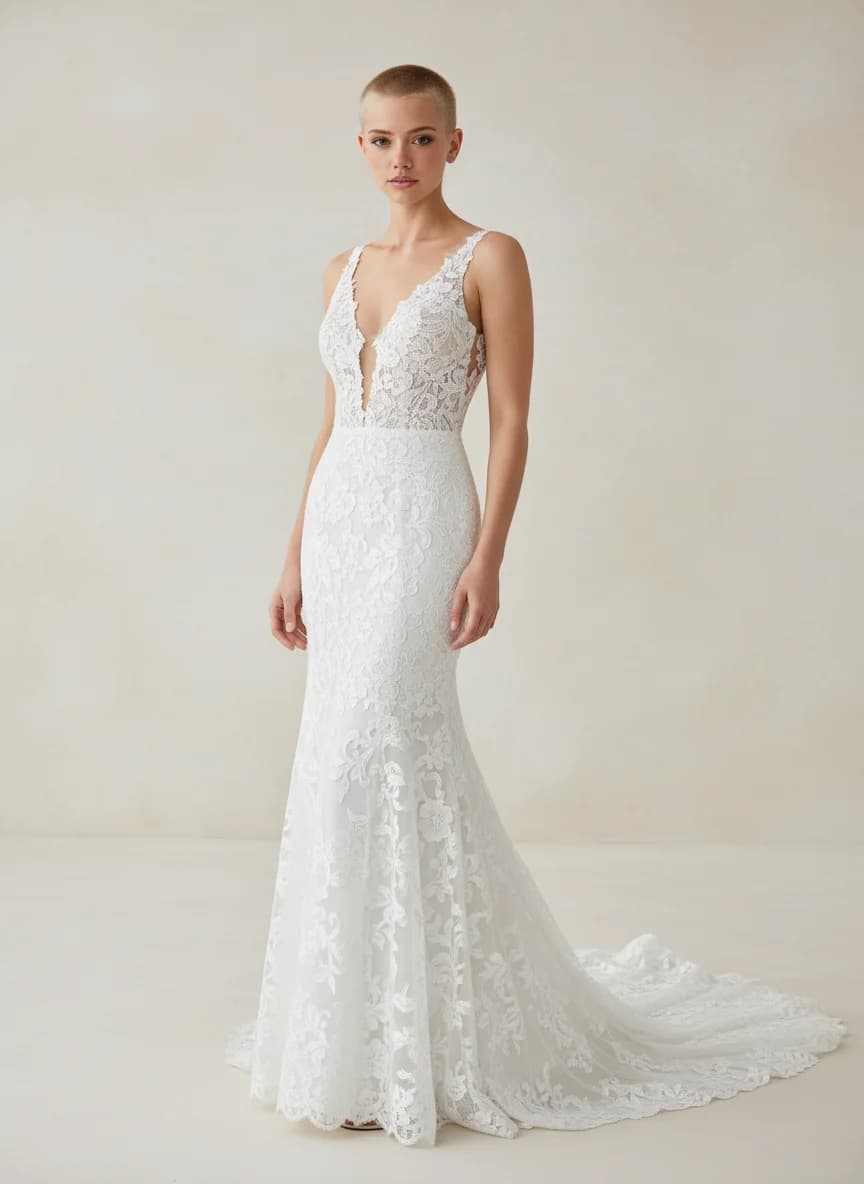 Fit & Flare dress with Chapel Train and Plunge neckline