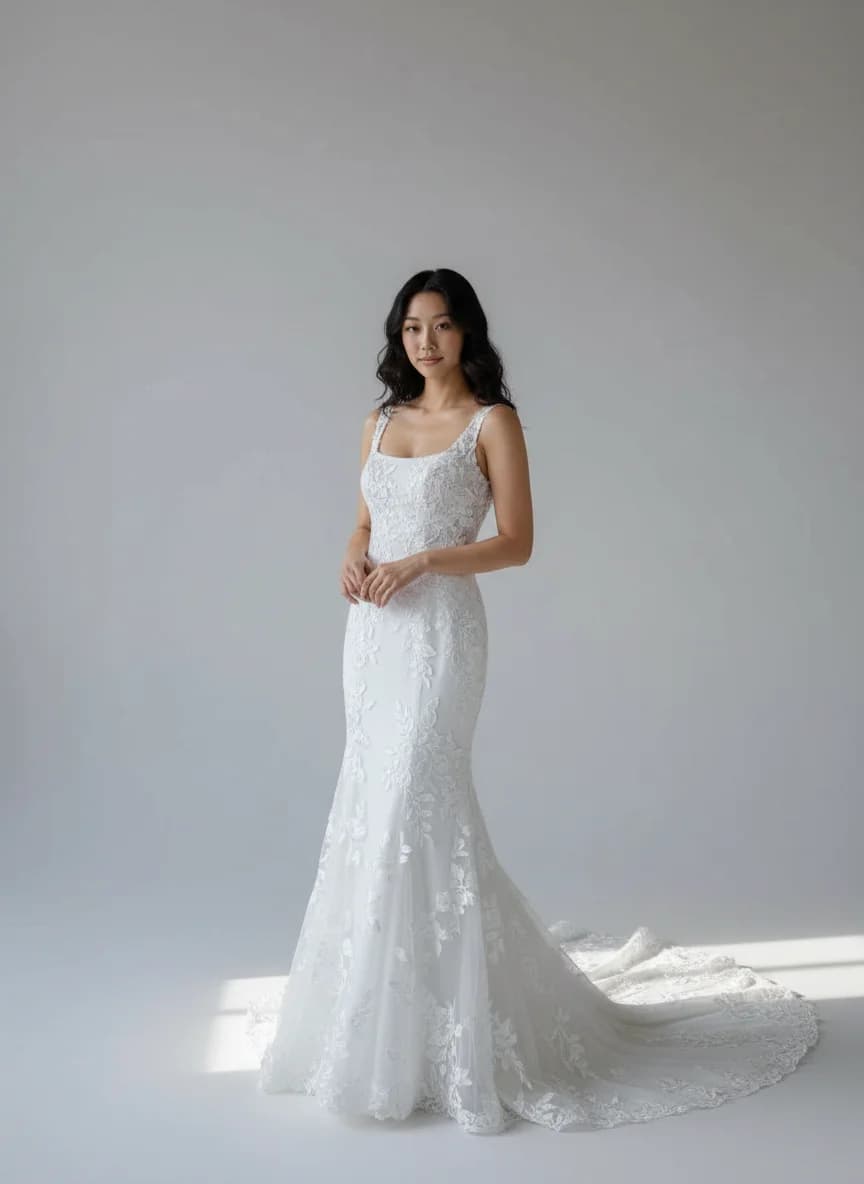 Fit & Flare dress with Chapel Train and Square neckline