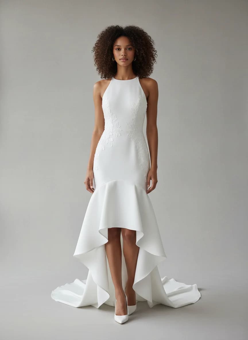 Fit & Flare dress with High-Low and High Neckline neckline