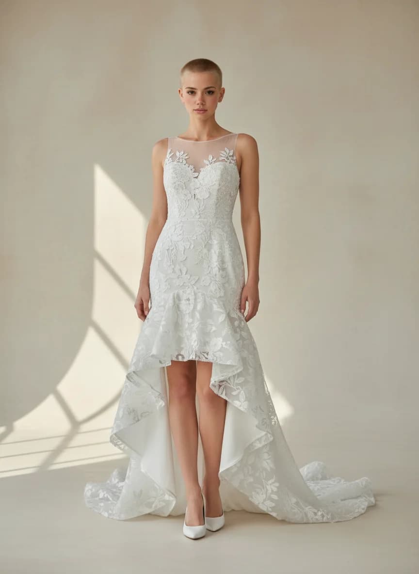 Fit & Flare dress with High-Low and Illusion neckline