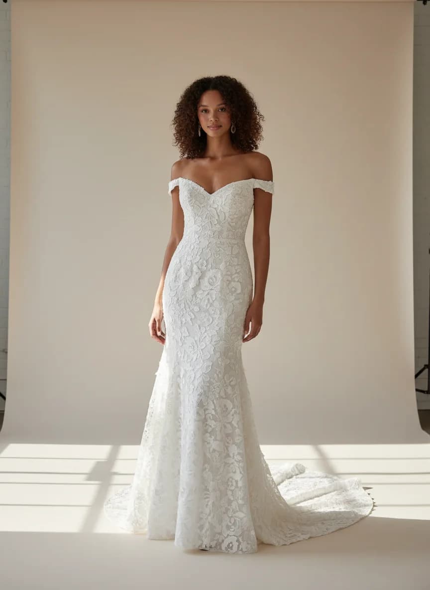 Fit & Flare dress with Sweep Train and Off Shoulder neckline