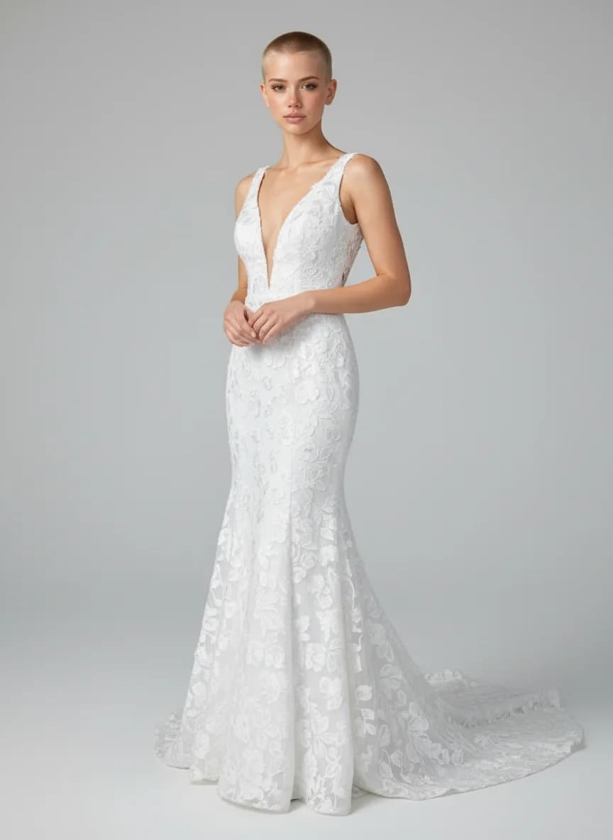 Fit & Flare dress with Sweep Train and Plunge neckline