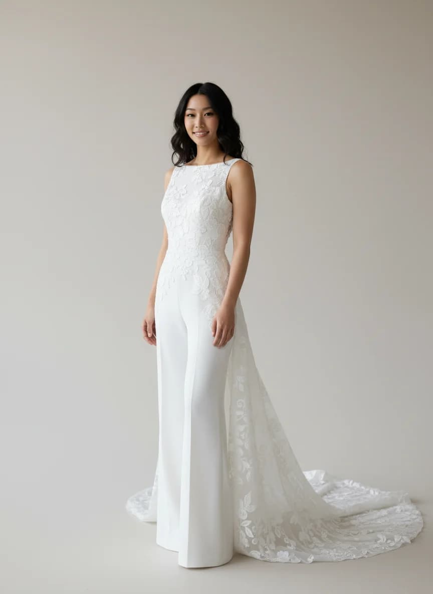 Jumpsuit dress with Chapel Train and Boat Neck neckline