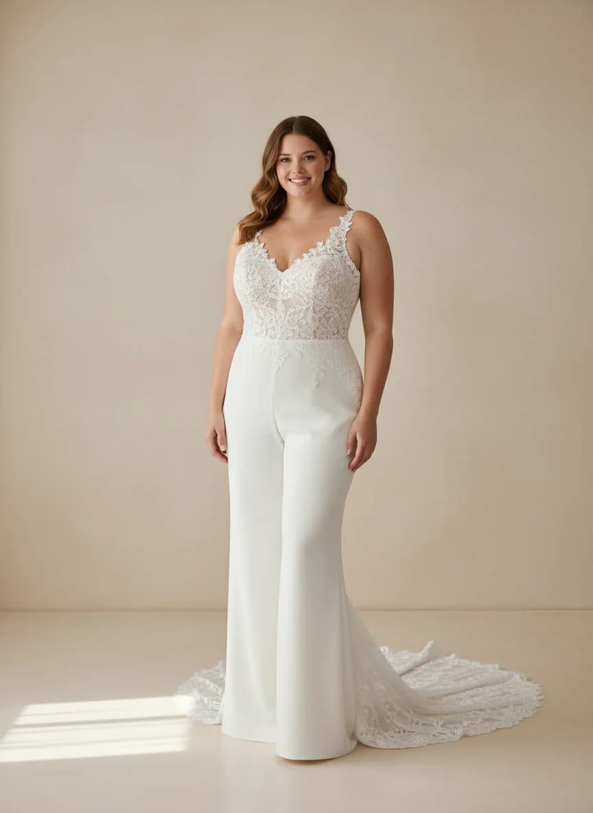 Jumpsuit dress with Chapel Train and Sweetheart neckline