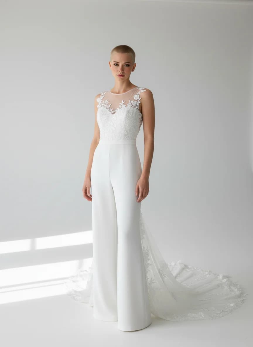 Jumpsuit dress with Chapel Train and Illusion neckline