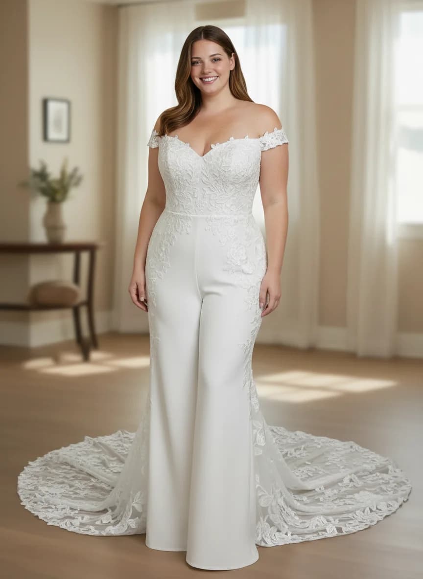 Jumpsuit dress with Chapel Train and Off Shoulder neckline