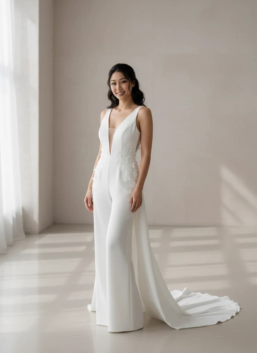 Jumpsuit dress with Chapel Train and Plunge neckline