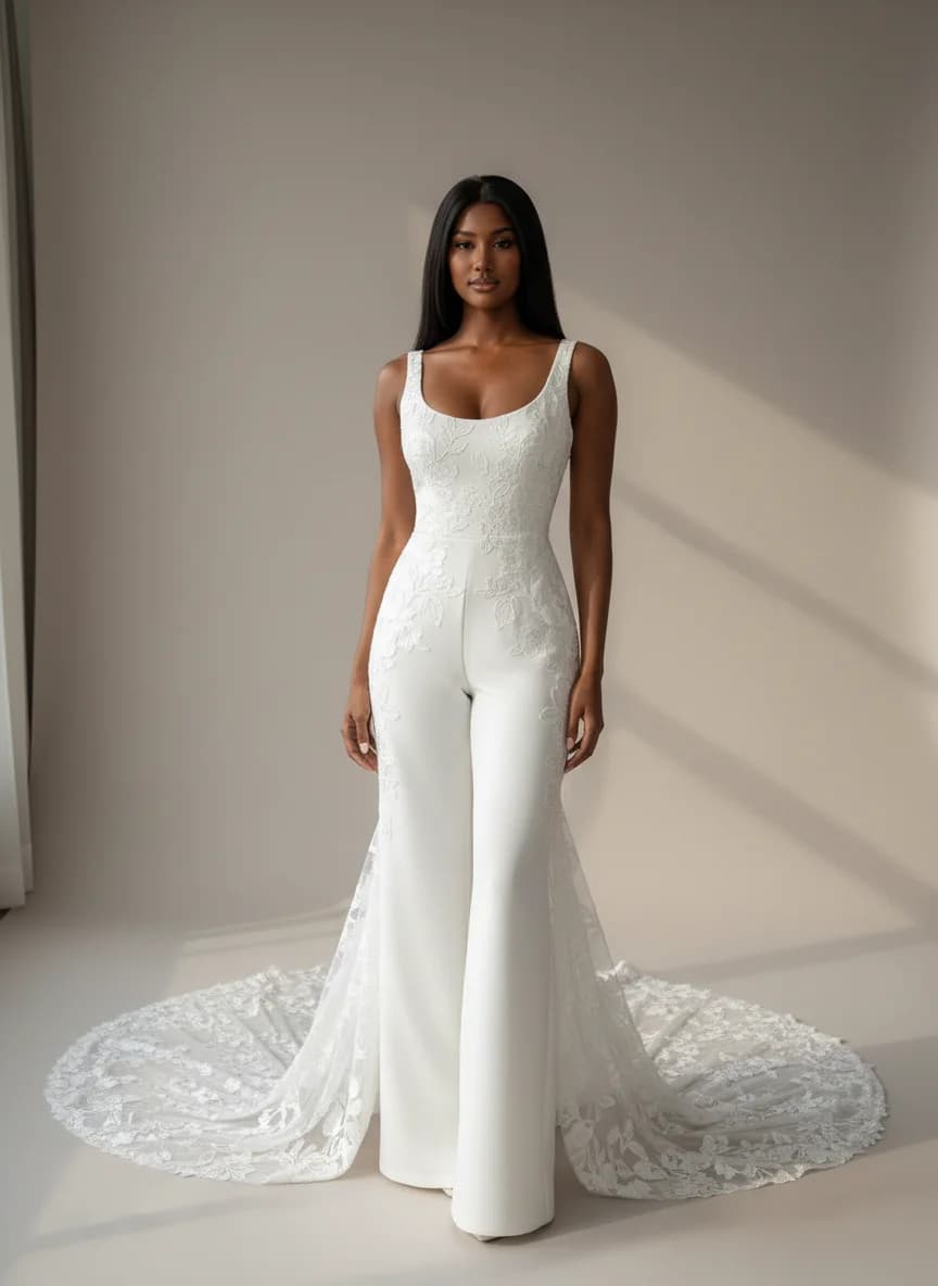 Jumpsuit dress with Chapel Train and Scoop neckline