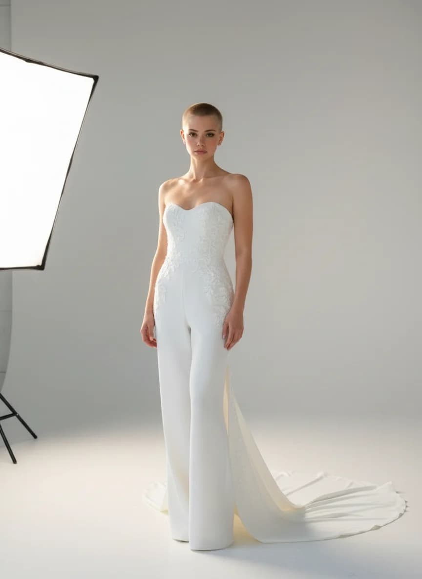 Jumpsuit dress with Chapel Train and Strapless neckline