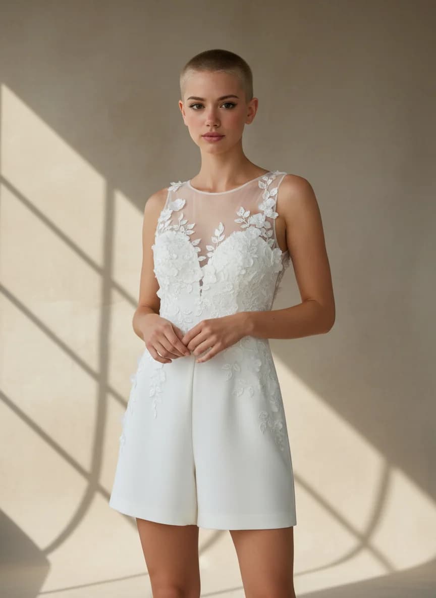 Jumpsuit dress with Mini and Illusion neckline