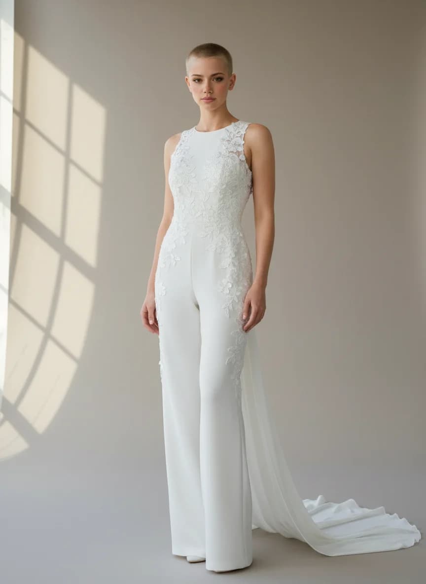 Jumpsuit dress with Sweep Train and High Neckline neckline