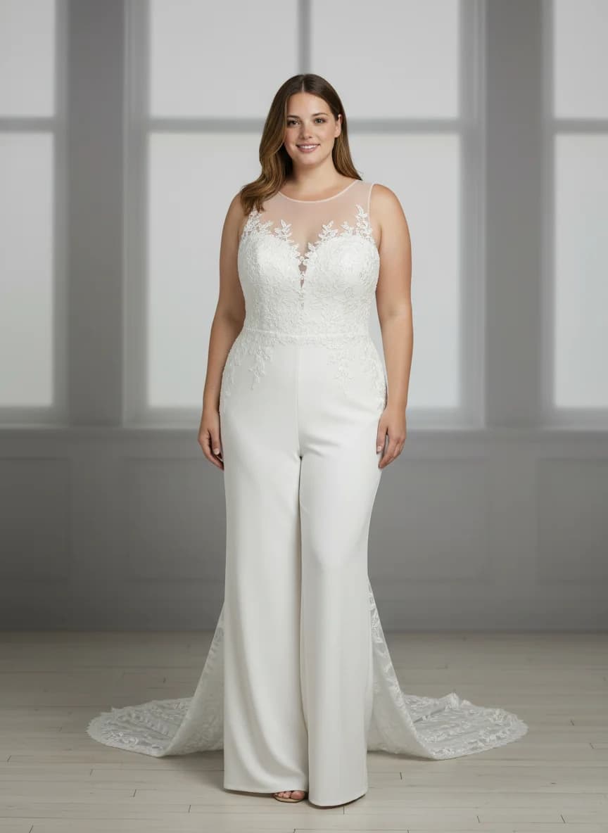 Jumpsuit dress with Sweep Train and Illusion neckline