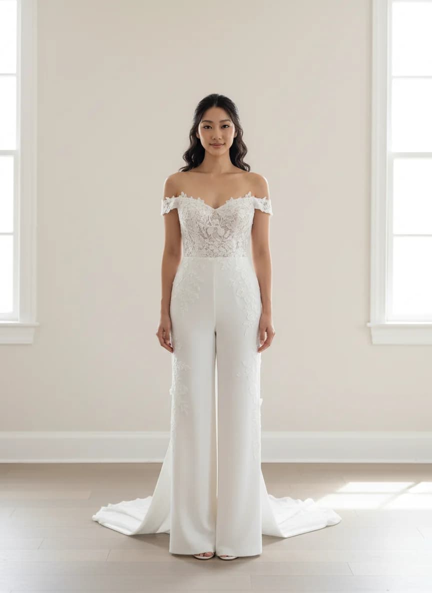 Jumpsuit dress with Sweep Train and Off Shoulder neckline