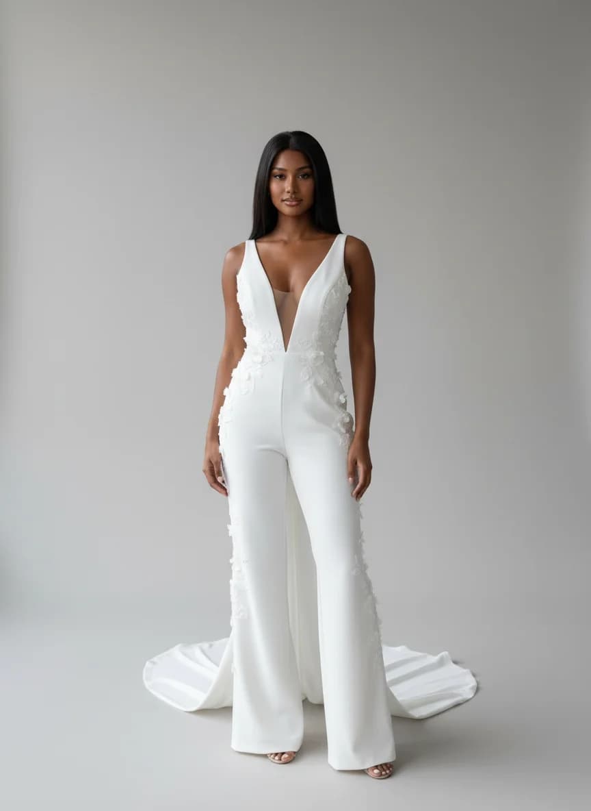 Jumpsuit dress with Sweep Train and Plunge neckline
