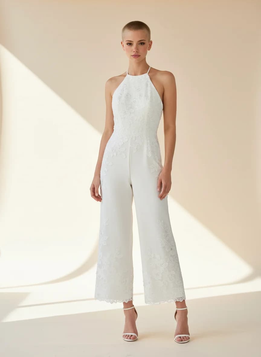 Jumpsuit dress with Tea Length and Halter neckline