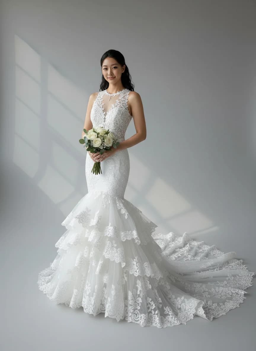 Mermaid dress with Cathedral Train and High Neckline neckline