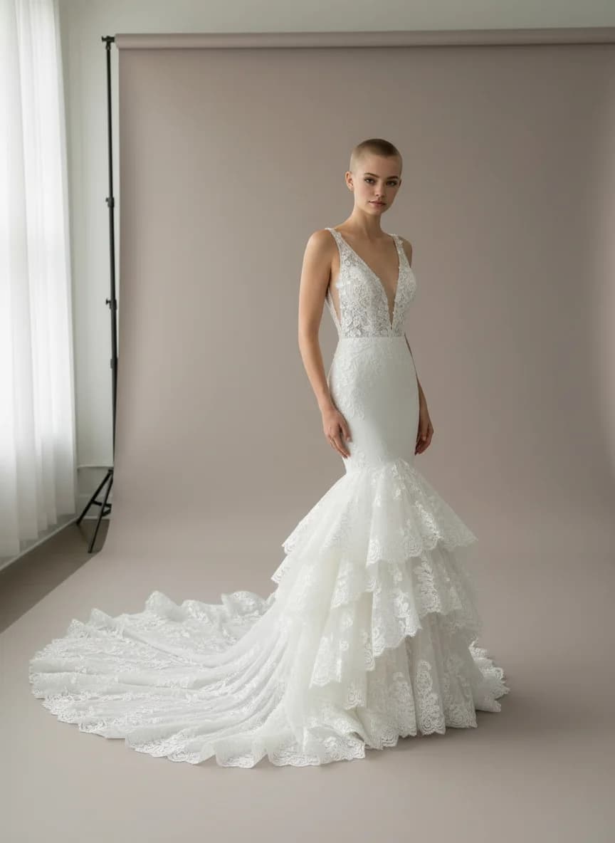 Mermaid dress with Cathedral Train and Plunge neckline