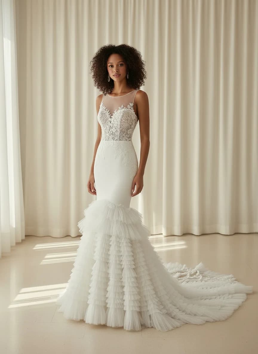 Mermaid dress with Chapel Train and Illusion neckline